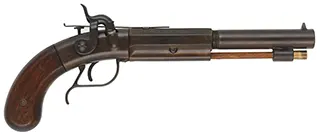 Ethan Allen Boot Pistol,
.45 caliber 7" barrel,
percussion box lock, walnut, browned, 
from a kit imported by Hoppe's Ethan Allen Boot Pistol,
.45 caliber 7" barrel,
percussion box lock, walnut, browned, 
from a kit imported by Hoppe's